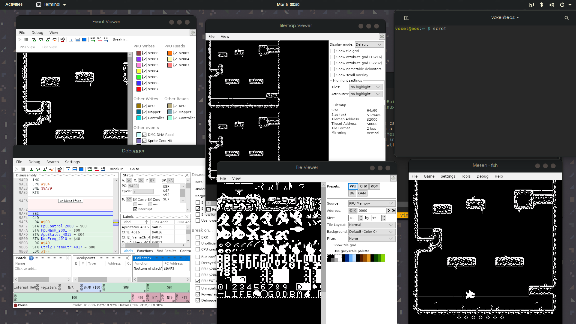 Mesen2 running with many debug windows open
