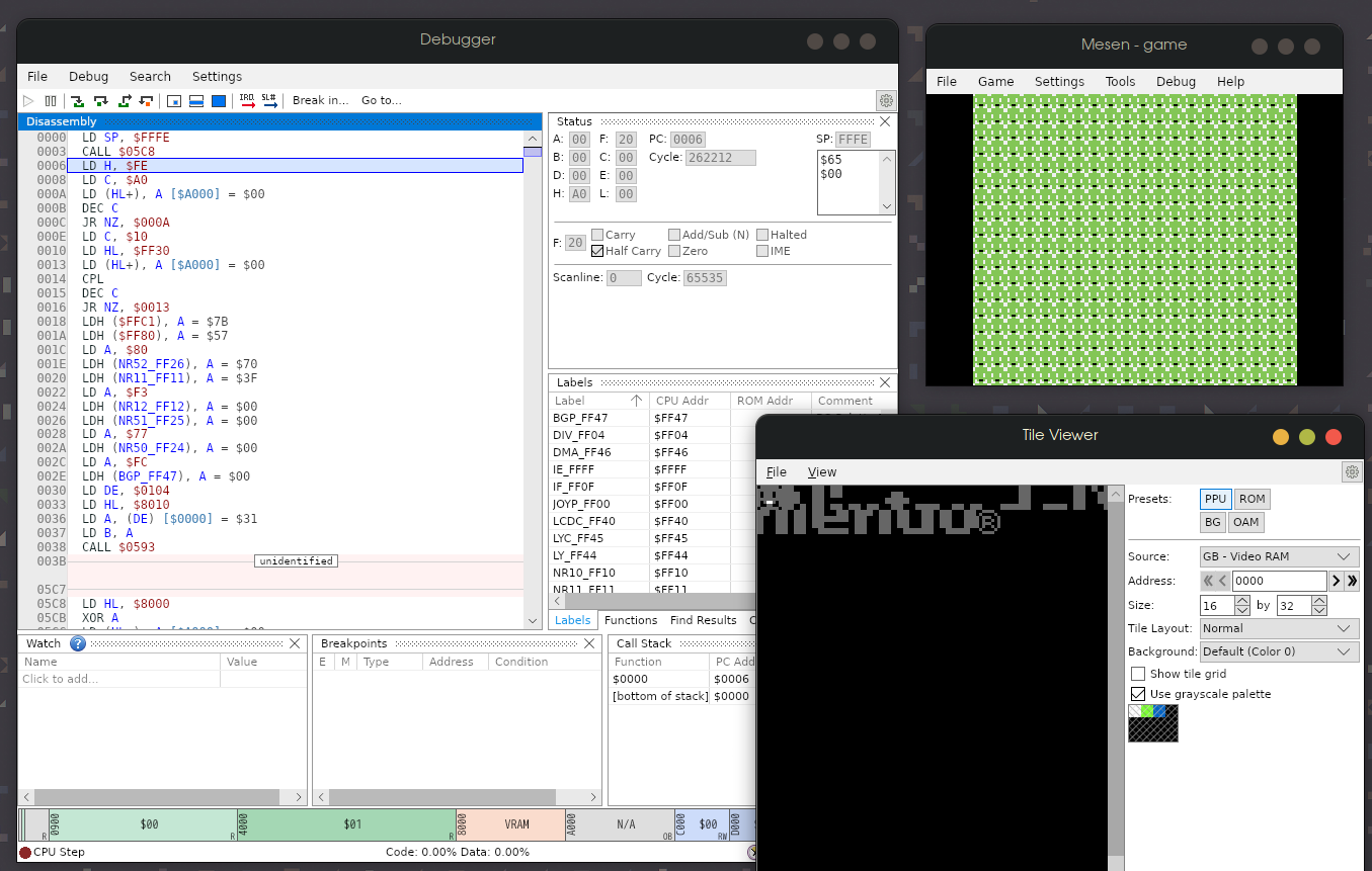 Test rom running in Mesen2 with debuggers